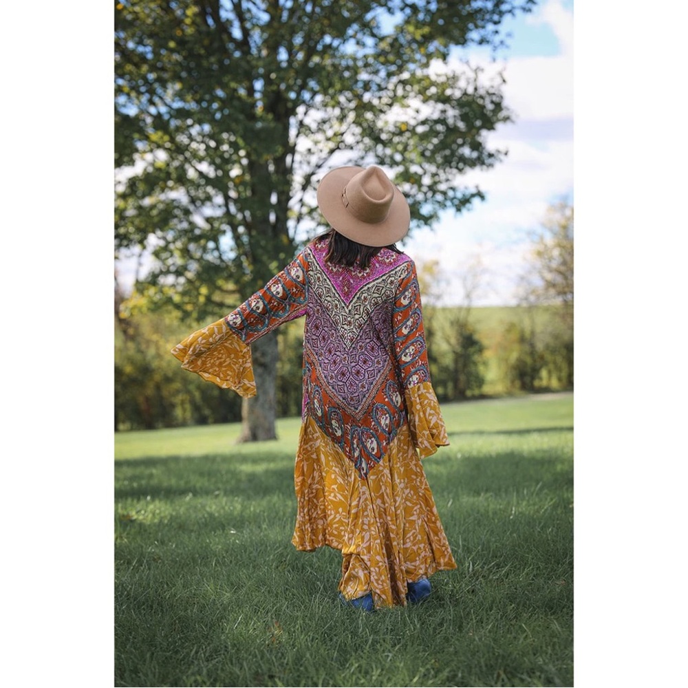 SPARROW PATCHWORK RUFFLED BOHO KIMONO DUSTER - MUSTARD MIX - Picture 4 of 4